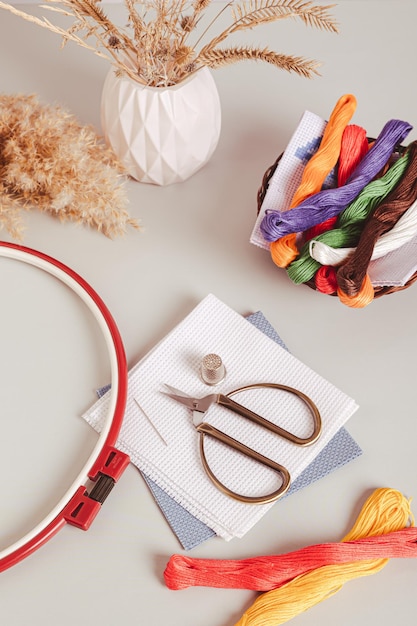 Рабочий стол с нитками и пяльцами